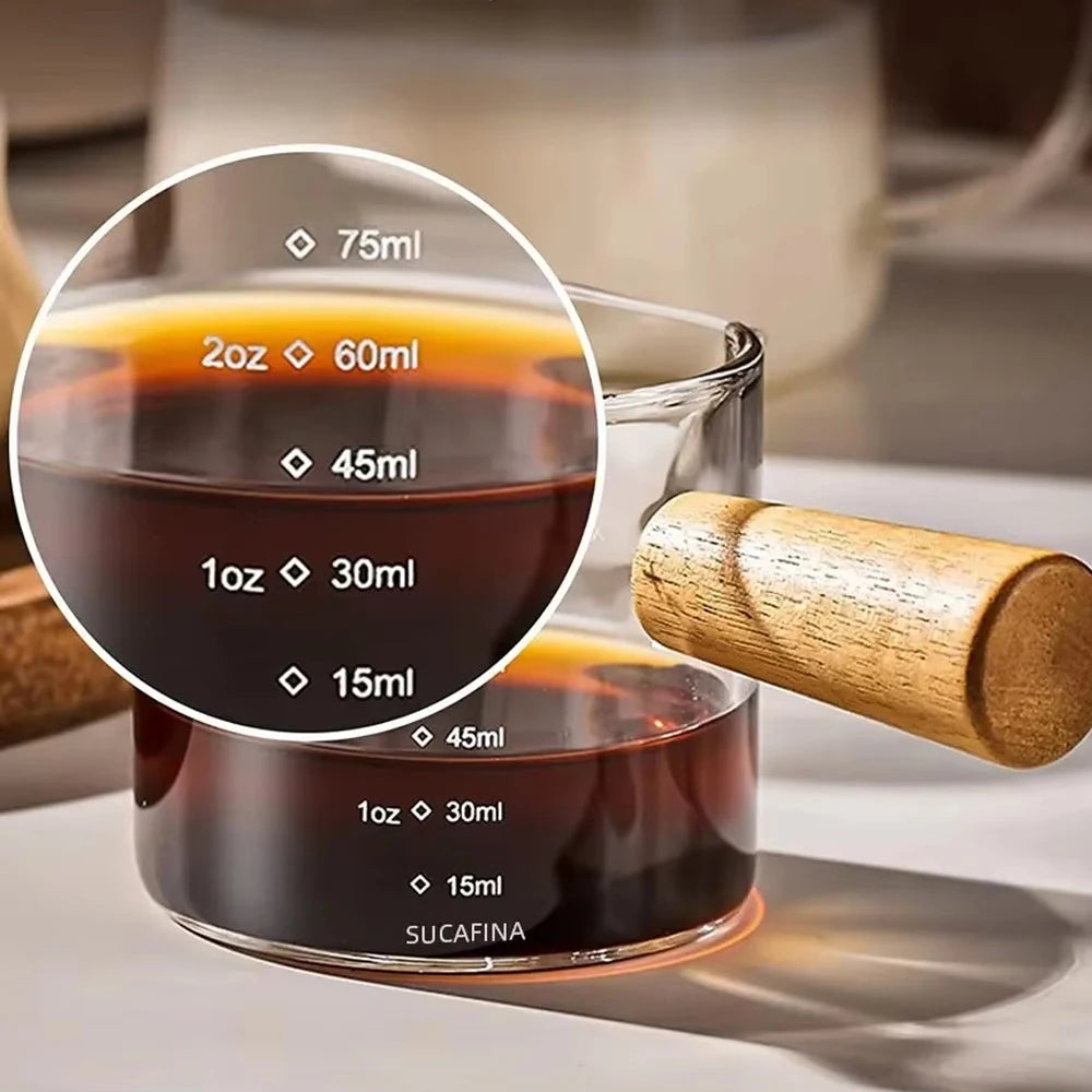 75ML Wooden Handle With Scale Glass Coffee Measuring Cup espresso Milk Latte Transparent Kitchen Coffee Accessories Barista Tool