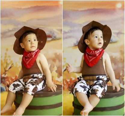 Baby Boy Clothes cowboy Costume Infant Toddler Cowboy Set 3Pcs Hat Scarf Romper Halloween Event Birthday Holiday Cosplay Outfits