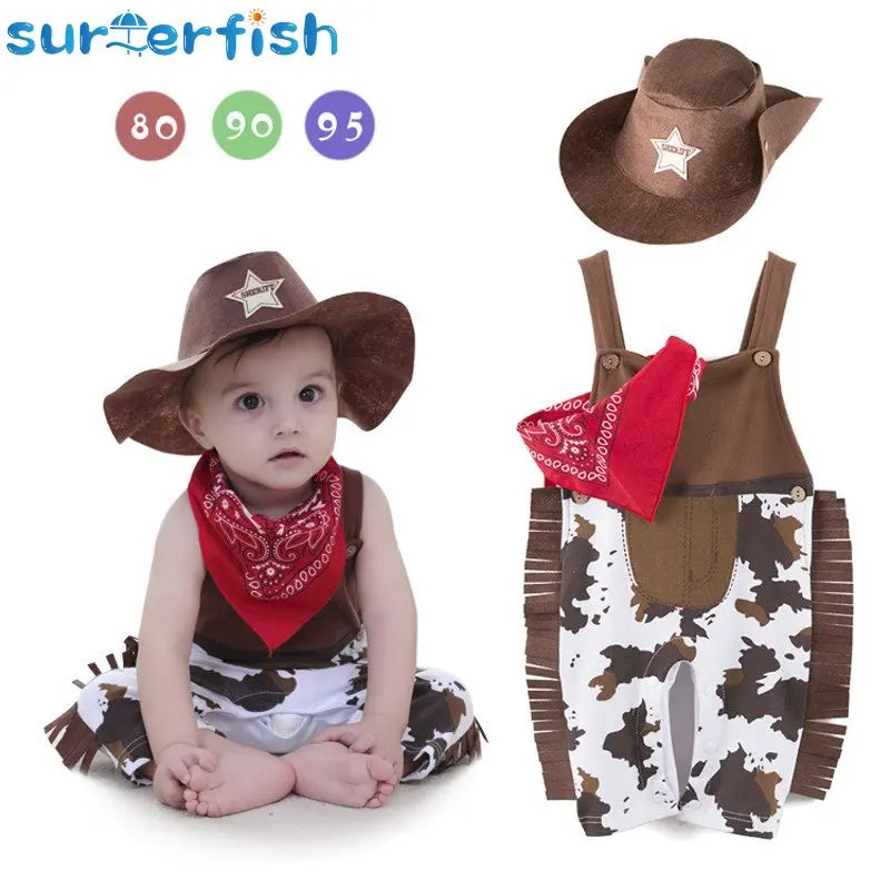 Baby Boy Clothes cowboy Costume Infant Toddler Cowboy Set 3Pcs Hat Scarf Romper Halloween Event Birthday Holiday Cosplay Outfits